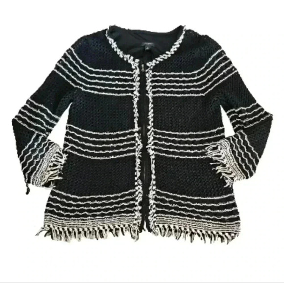 Ann Taylor Womens Black And White Frayed Knit Zip Up Sweater M - Picture 8 of 12
